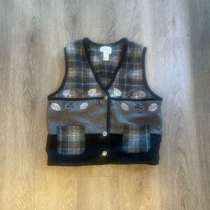 Vintage TanTrums Wool Blend Embroidered Leaf Button-Down Vest Women's XL